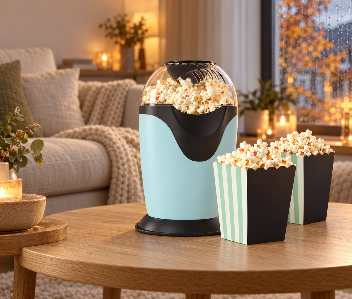 Happy Pops popcornmachine met verse popcorn op een avond thuis